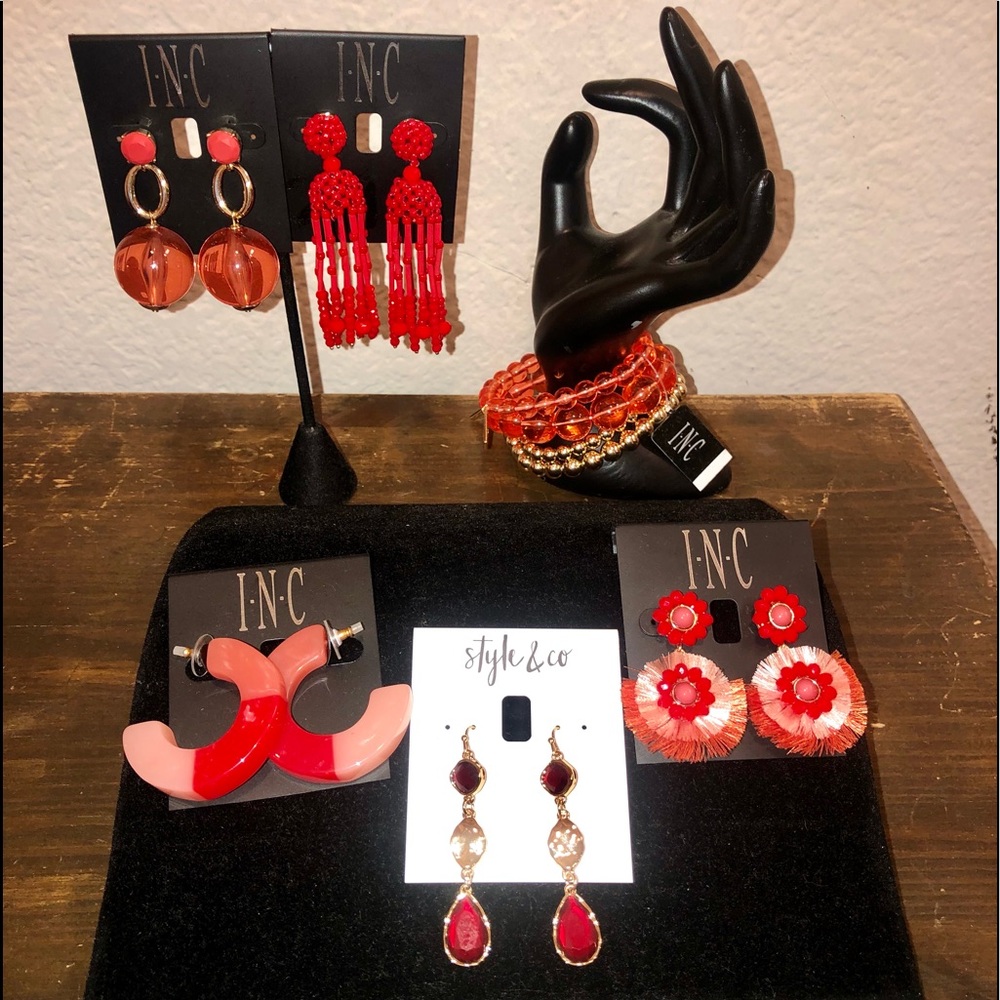 Pink & Red Drop Earrings, Bracelets Costume Jewelry Lot NWT